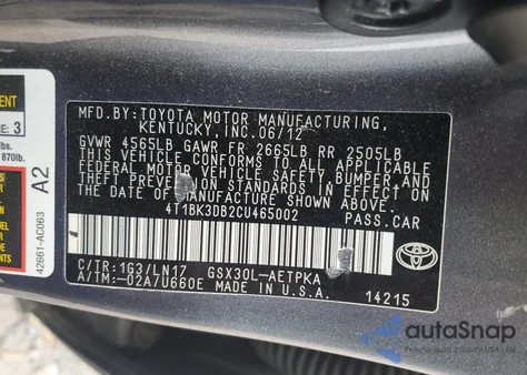 2012 Toyota Avalon Base from USA, damaged, VIN 4T1BK3DB2CU465002